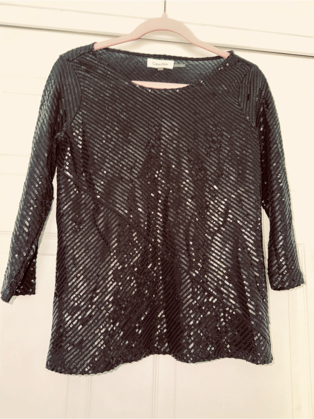 Calvin Klein Black Sequin 3/4 length Sleeve Knit Top